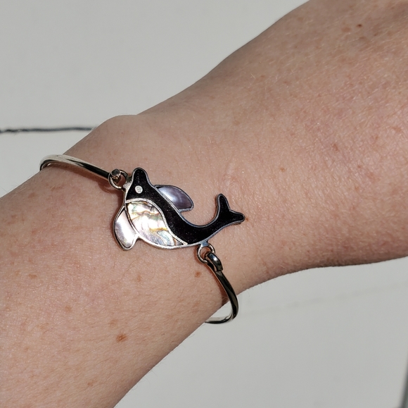 Vintage Mexico Alpaca Silver Shell Inlay Bracelet with Dolphin or Porpoi… - Picture 2 of 11